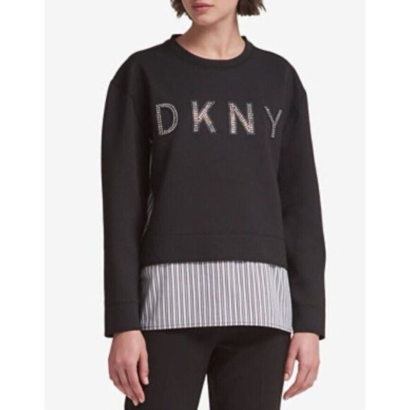 DKNY Top S Small The Everywhere Sweatshirt Black Blue White Crystals NWT NEW - Picture 1 of 15